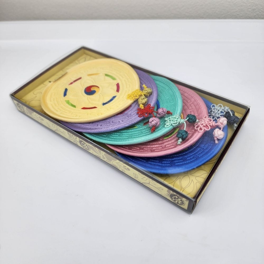 Set Of 5 Quilted Embroidered Fabric Coasters Colorful Decorative Korean Asian